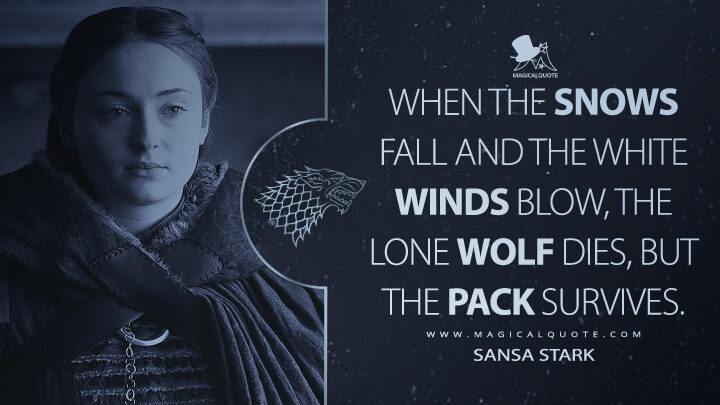 When the snows fall and the white winds blow, the lone wolf dies, but the pack survives. - Sansa Stark (Game of Thrones Quotes)