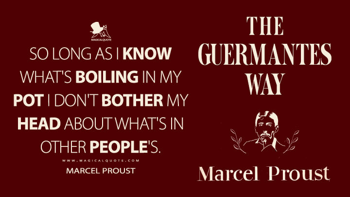 So long as I know what's boiling in my pot I don't bother my head about what's in other people's. - Marcel Proust (In Search of Lost Time Quotes)