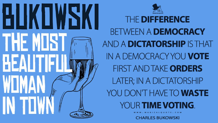The difference between a democracy and a dictatorship is that in a democracy you vote first and take orders later; in a dictatorship you don't have to waste your time voting. - Charles Bukowski (The Most Beautiful Woman in Town & Other Stories Quotes)