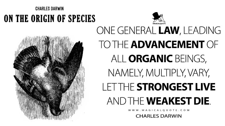 One general law, leading to the advancement of all organic beings, namely, multiply, vary, let the strongest live and the weakest die. - Charles Darwin (On the Origin of Species Quotes)