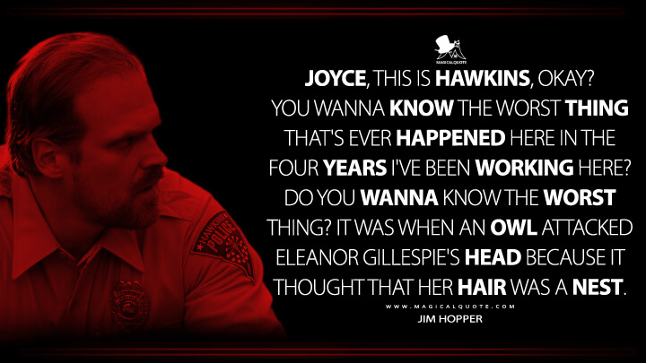Joyce, this is Hawkins, okay? You wanna know the worst thing that's ever happened here in the four years I've been working here? Do you wanna know the worst thing? It was when an owl attacked Eleanor Gillespie's head because it thought that her hair was a nest. - Jim Hopper (Stranger Things Netflix Quotes)