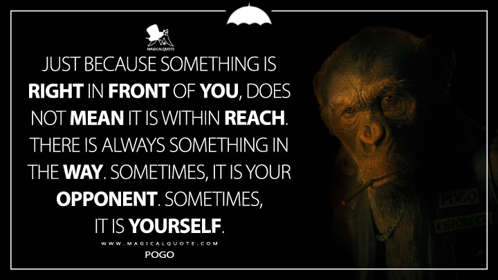 Just because something is right in front of you, does not mean it is within reach. There is always something in the way. Sometimes, it is your opponent. Sometimes, it is yourself. - Pogo (The Umbrella Academy Netflix Quotes)