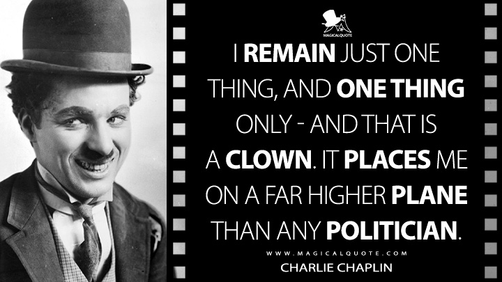 I remain just one thing, and one thing only - and that is a clown. It places me on a far higher plane than any politician. - Charlie Chaplin Quotes