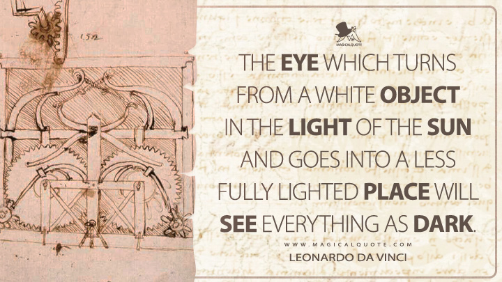The eye which turns from a white object in the light of the sun and goes into a less fully lighted place will see everything as dark. - Leonardo da Vinci Quotes