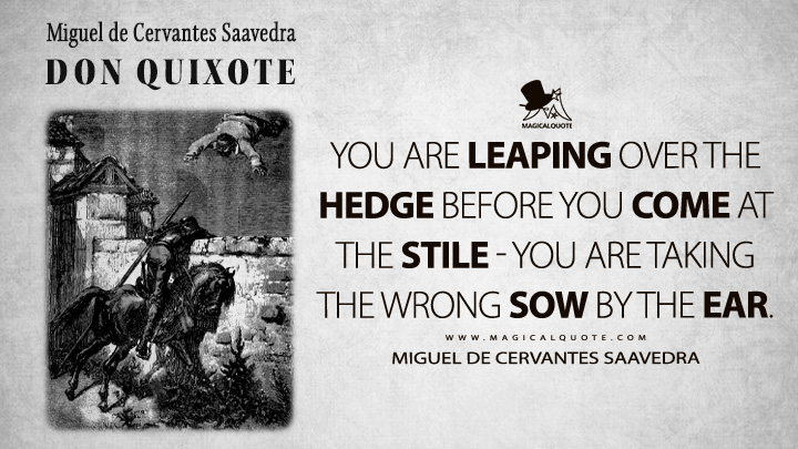 You are leaping over the hedge before you come at the stile - you are taking the wrong sow by the ear. - Miguel de Cervantes Saavedra (Don Quixote Quotes)