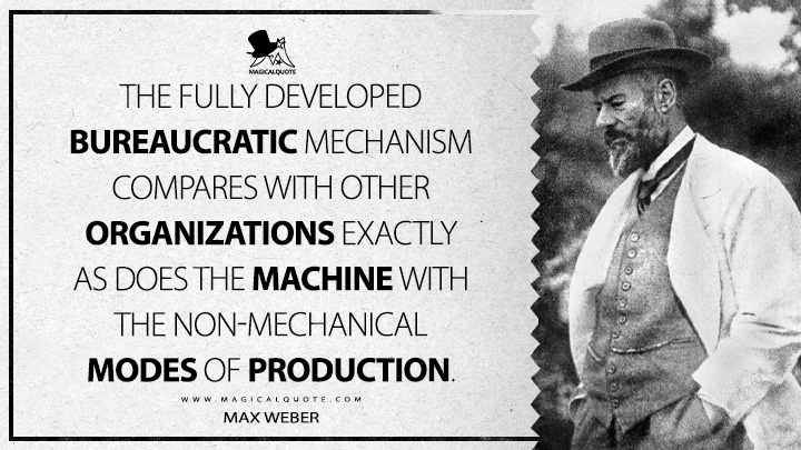 The fully developed bureaucratic mechanism compares with other organizations exactly as does the machine with the non-mechanical modes of production. - Max Weber (Bureaucracy Quotes)