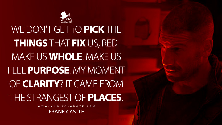 We don't get to pick the things that fix us, Red. Make us whole. Make us feel purpose. My moment of clarity? It came from the strangest of places. - Frank Castle (Daredevil Netflix Series Quotes)